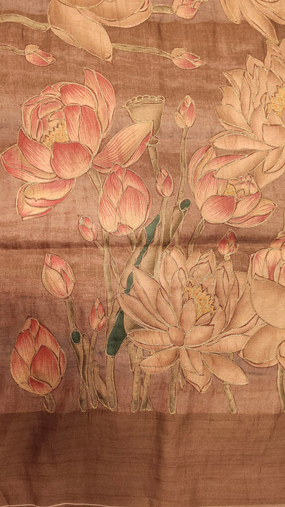 Brown Art Tussar with Lotus Threadwork