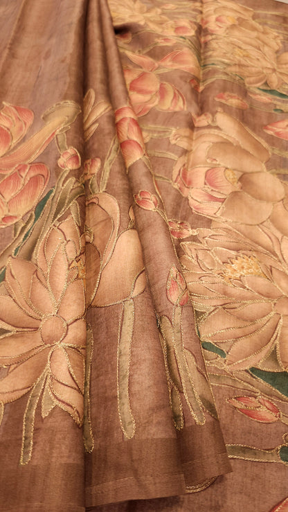 Brown Art Tussar with Lotus Threadwork