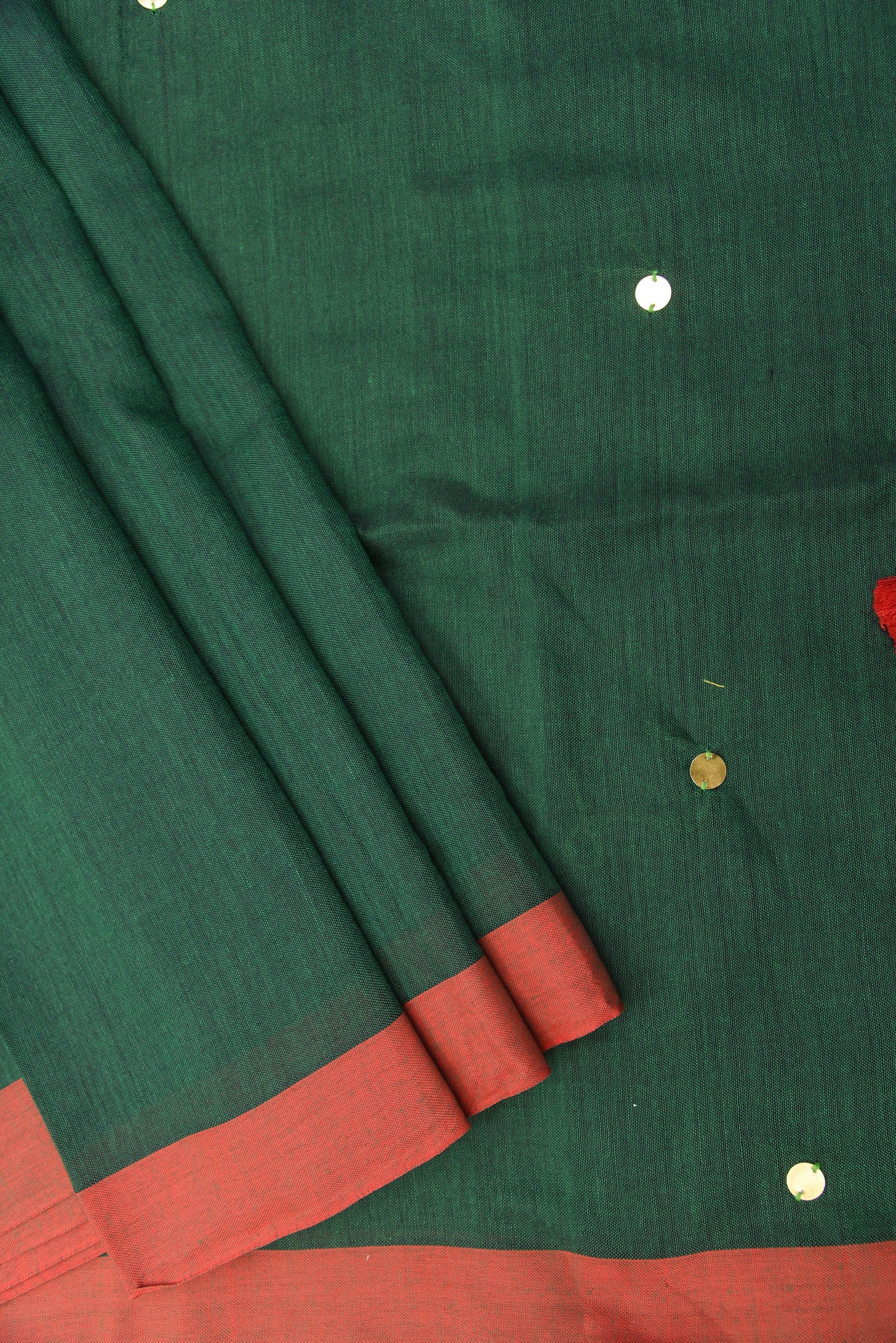 Dark Green Chumki Saree with Red Border